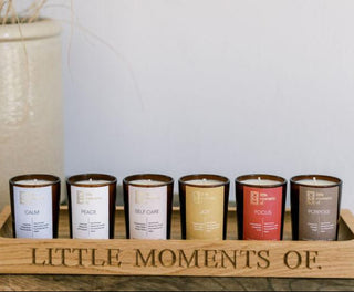 A wooden display stand holds a row of five small jars with colorful labels against a clean, white background.